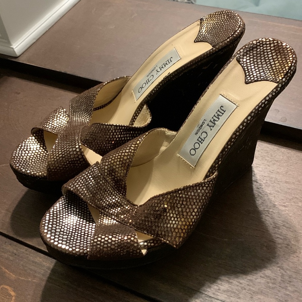Jimmy Choo Brown and Gold Wedge